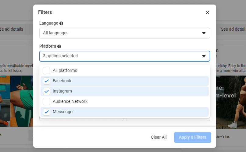 Platform Filter - Facebook Ad Library